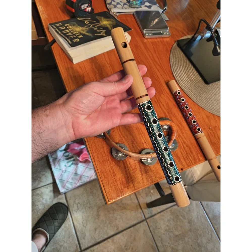 Handmade Teak Wood Tambourine And Two Wood Flutes Possibly Bamboo
